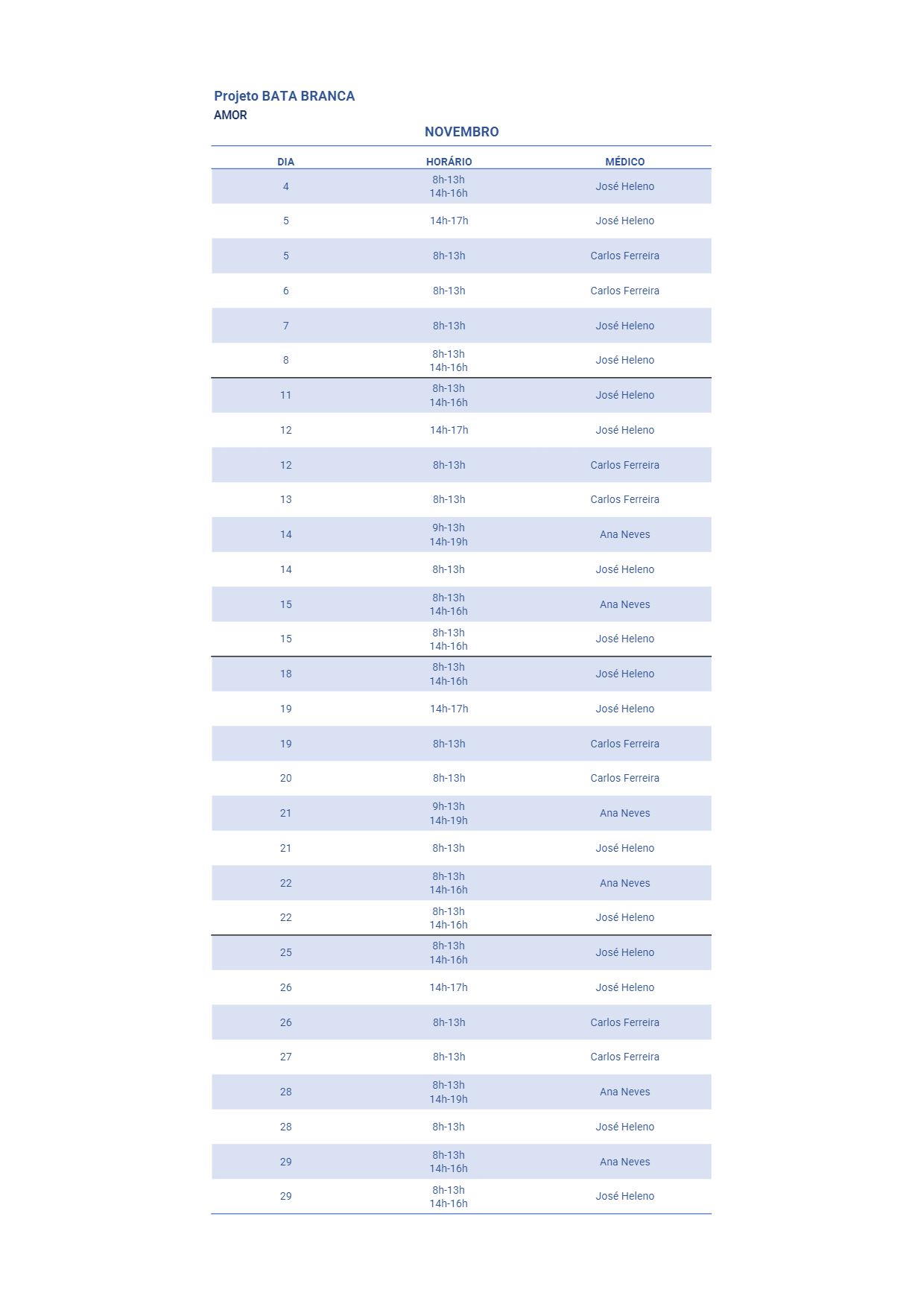 Imagem Projeto Bata Branca | Agenda do mês de novembro 2024