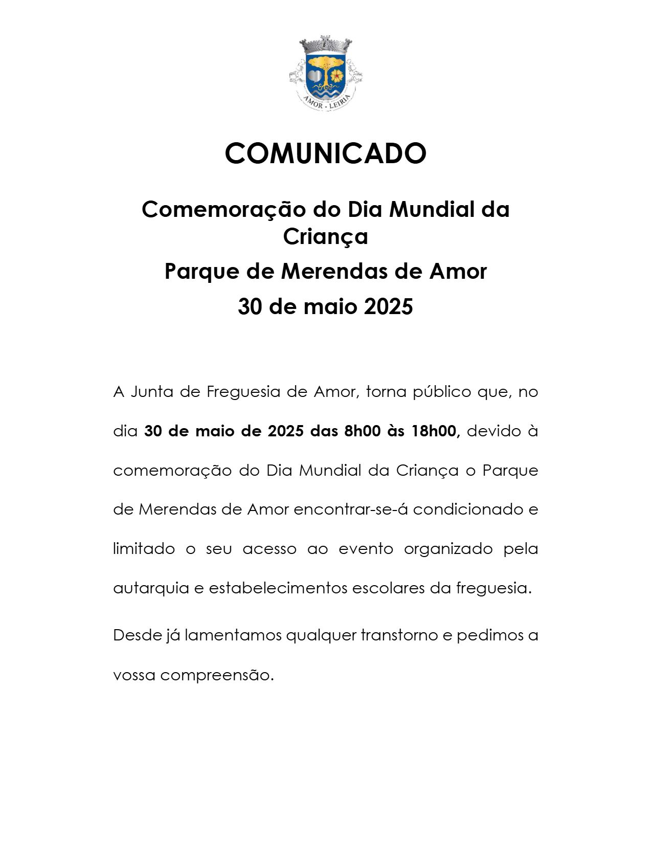 Imagem Comunicado Comemoração Dia Mundial Criança Parque Merendas | 30 maio 2025